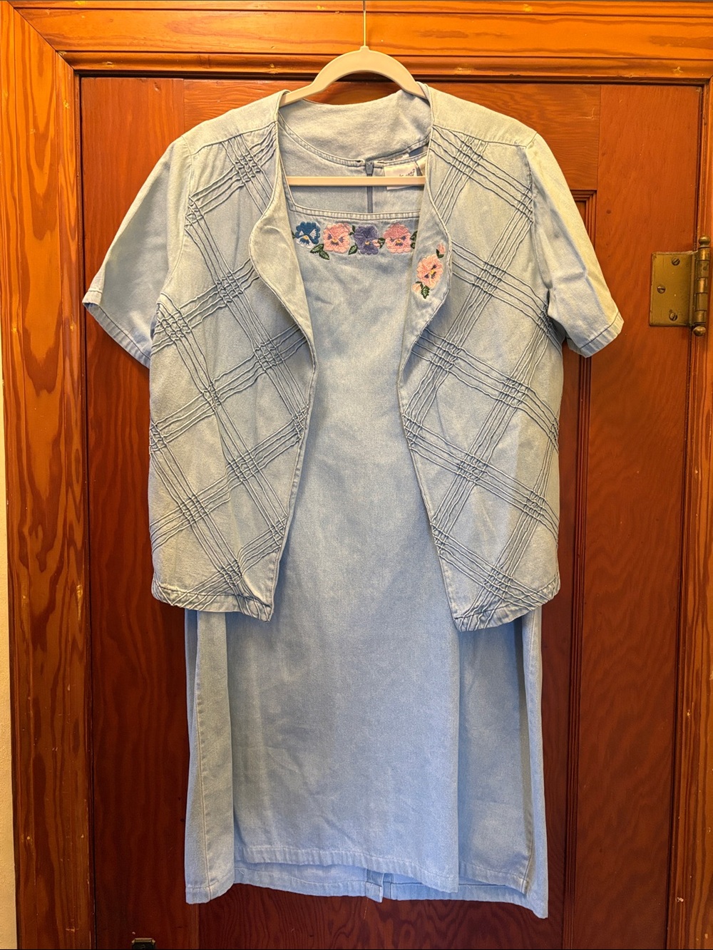 Light Blue Two-Piece Denim Dress Set with Floral Embroidery